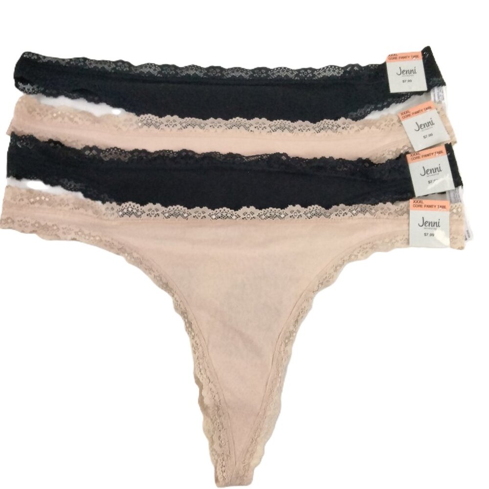 Jenni Women's Lace Trim Thong Underwear 3XL 4 Pairs Black Chai Beige Cotton